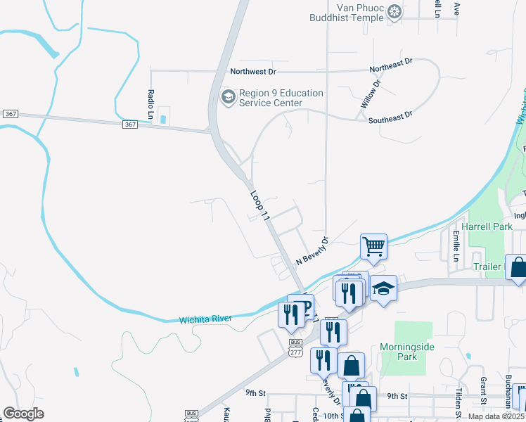 map of restaurants, bars, coffee shops, grocery stores, and more near 1145 Valley View Road in Wichita Falls