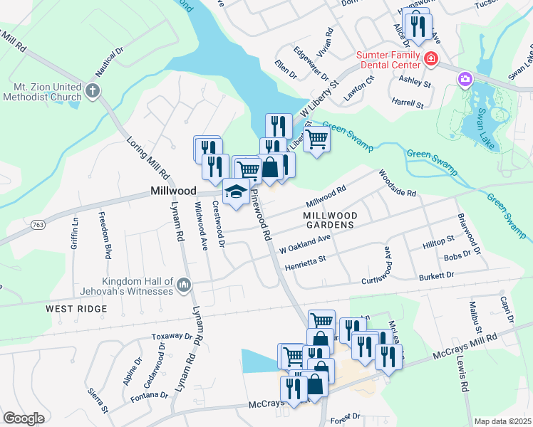 map of restaurants, bars, coffee shops, grocery stores, and more near 24-26 Pinewood Road in Sumter