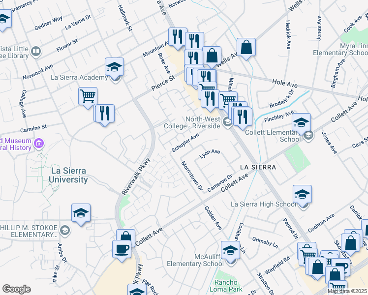 map of restaurants, bars, coffee shops, grocery stores, and more near 11226 Schuyler Avenue in Riverside