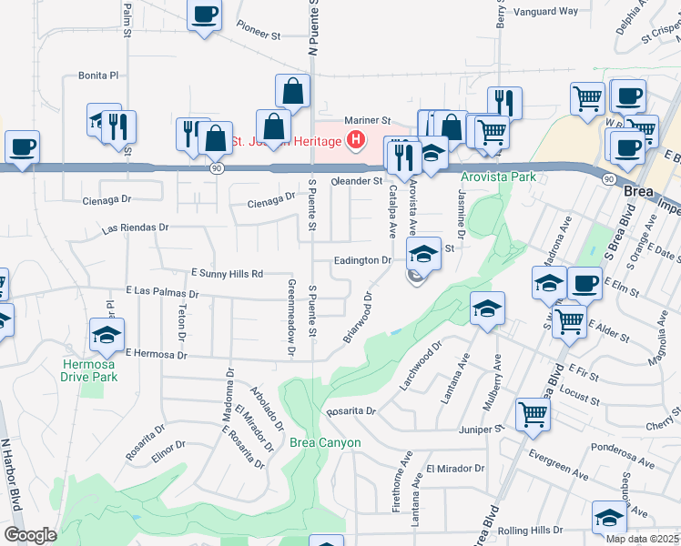 map of restaurants, bars, coffee shops, grocery stores, and more near 520 Linden Way in Brea