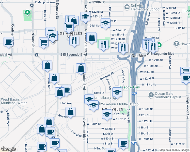 map of restaurants, bars, coffee shops, grocery stores, and more near 5533 Palm Drive in Hawthorne