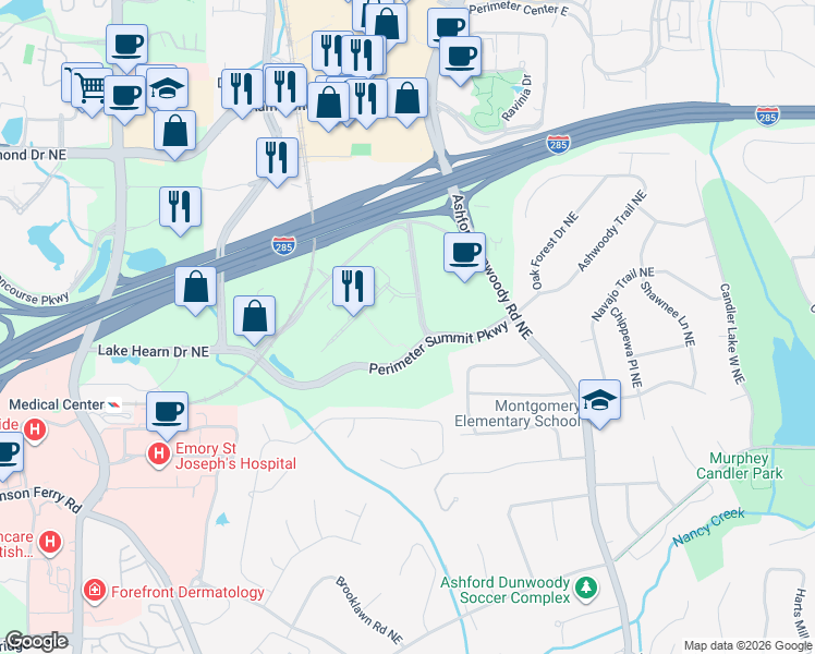 map of restaurants, bars, coffee shops, grocery stores, and more near 10 Perimeter Summit Boulevard in Brookhaven
