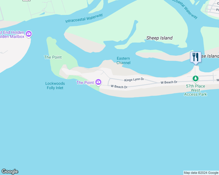 map of restaurants, bars, coffee shops, grocery stores, and more near 6725 West Beach Drive in Oak Island