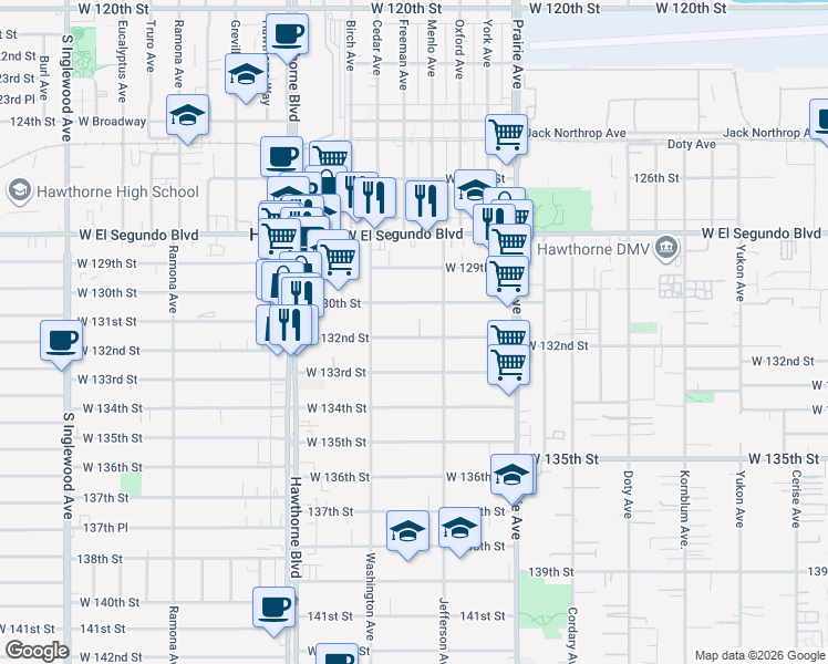 map of restaurants, bars, coffee shops, grocery stores, and more near 4151 West 132nd Street in Hawthorne