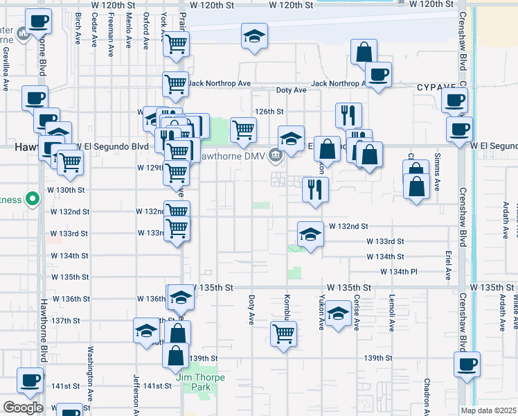 map of restaurants, bars, coffee shops, grocery stores, and more near 13110 Doty Avenue in Hawthorne