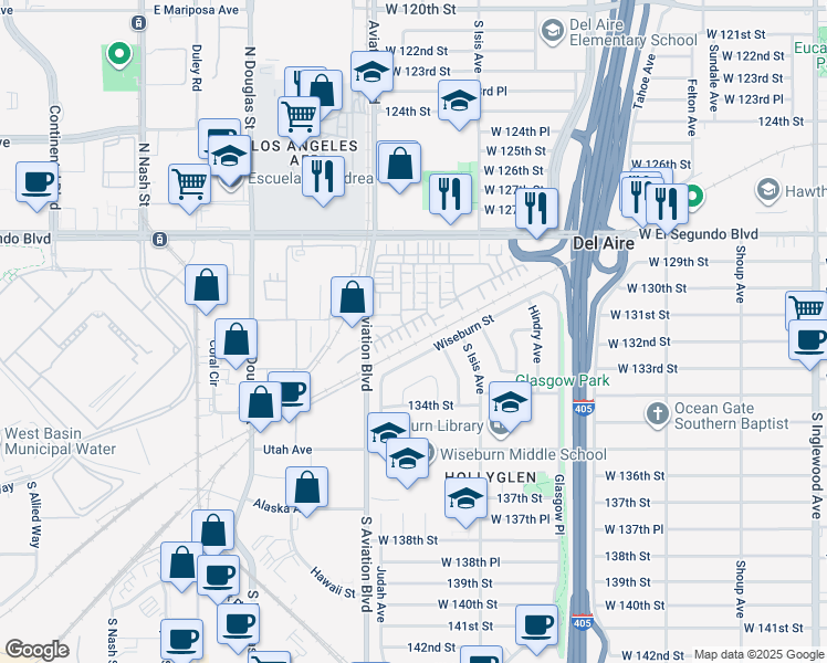 map of restaurants, bars, coffee shops, grocery stores, and more near 5533 Palm Drive in Hawthorne