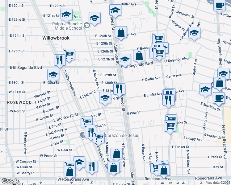 map of restaurants, bars, coffee shops, grocery stores, and more near 2620 East 131st Street in Compton