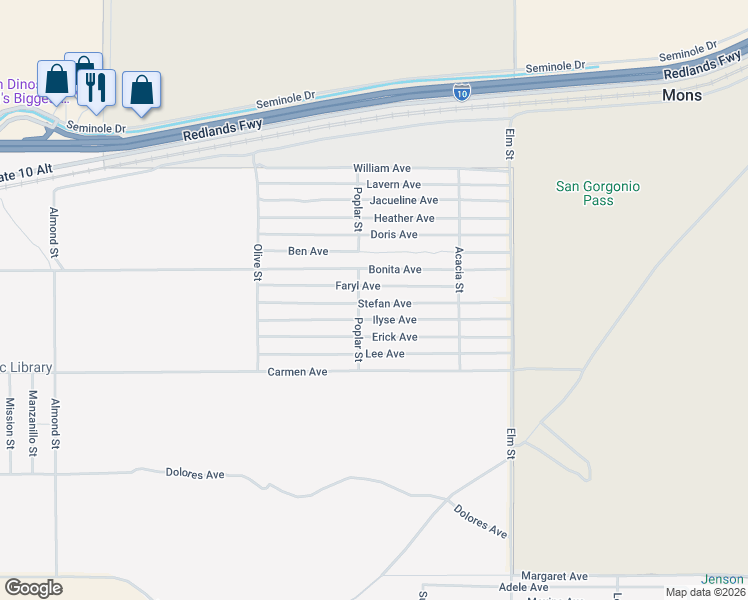 map of restaurants, bars, coffee shops, grocery stores, and more near Stefan Avenue in Cabazon