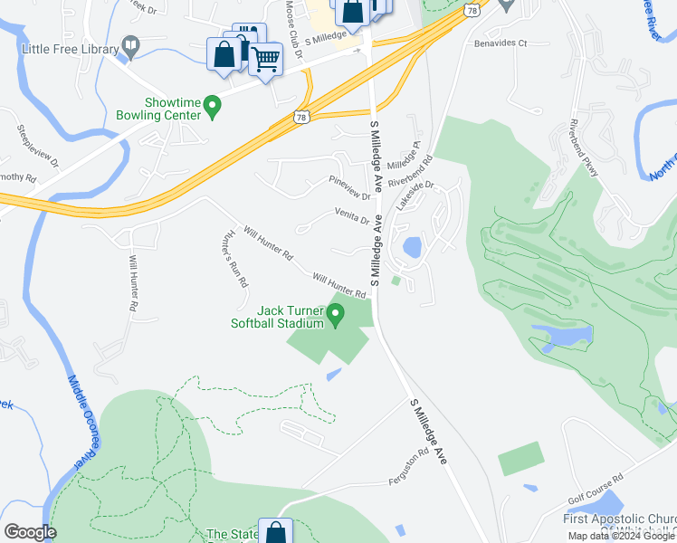 map of restaurants, bars, coffee shops, grocery stores, and more near 2290 South Milledge Avenue in Athens