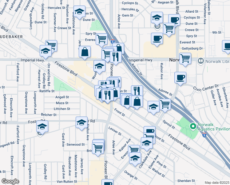 map of restaurants, bars, coffee shops, grocery stores, and more near 12820 Pioneer Boulevard in Norwalk