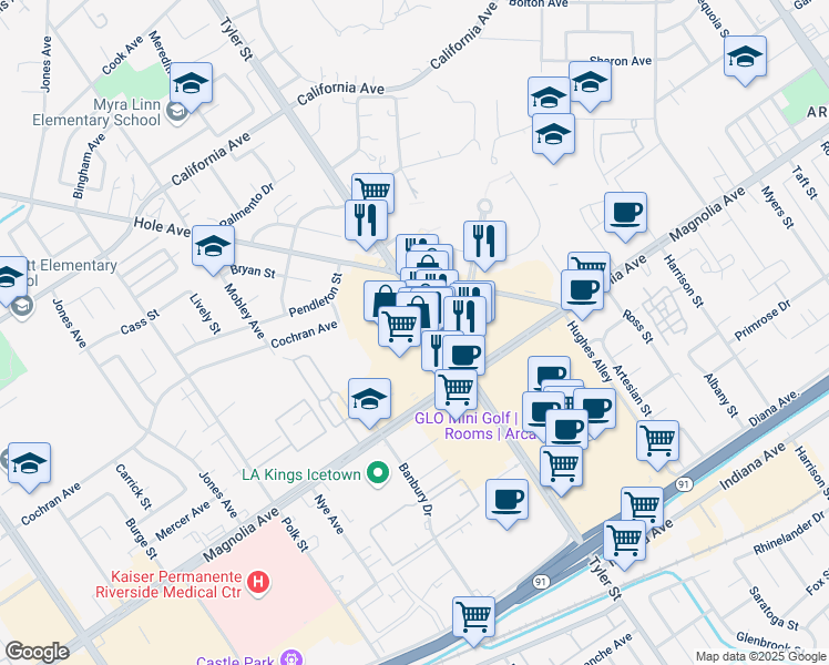 map of restaurants, bars, coffee shops, grocery stores, and more near 3868 Tyler Street in Riverside