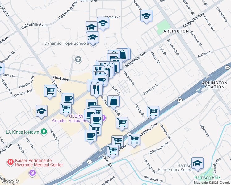 map of restaurants, bars, coffee shops, grocery stores, and more near 3705 Ross Street in Riverside