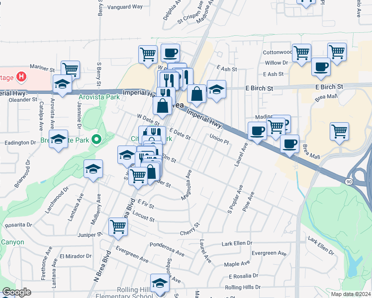 map of restaurants, bars, coffee shops, grocery stores, and more near 421 South Flower Avenue in Brea