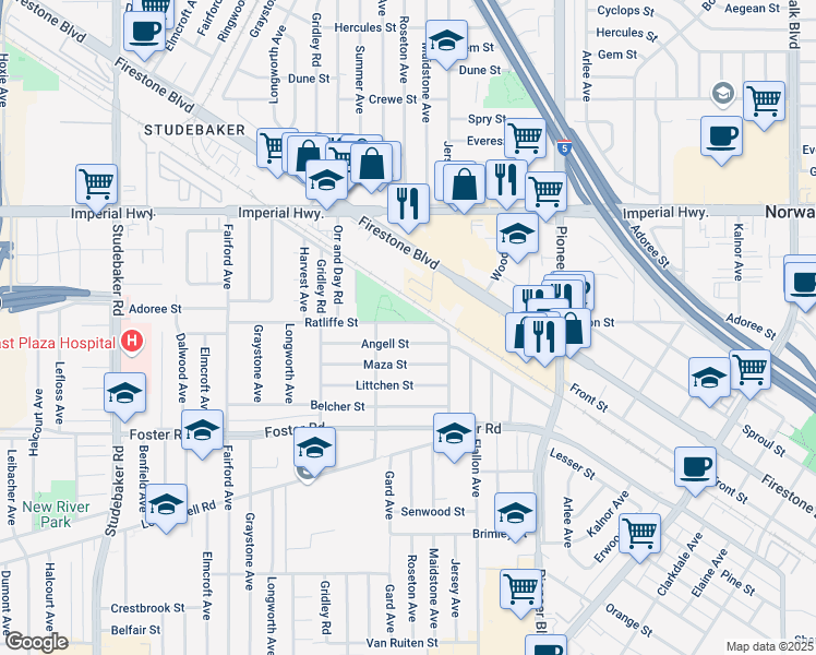 map of restaurants, bars, coffee shops, grocery stores, and more near 11542 Ratliffe Street in Norwalk