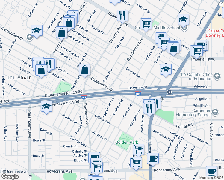 map of restaurants, bars, coffee shops, grocery stores, and more near in Downey