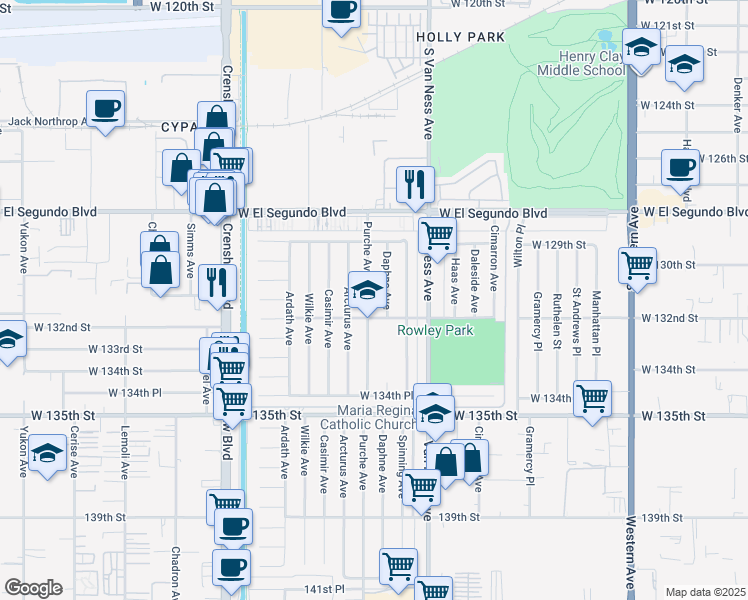map of restaurants, bars, coffee shops, grocery stores, and more near 13103 Daphne Avenue in Gardena