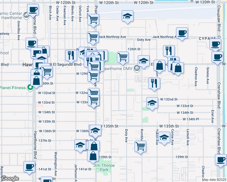 map of restaurants, bars, coffee shops, grocery stores, and more near 13109 Florwood Avenue in Hawthorne