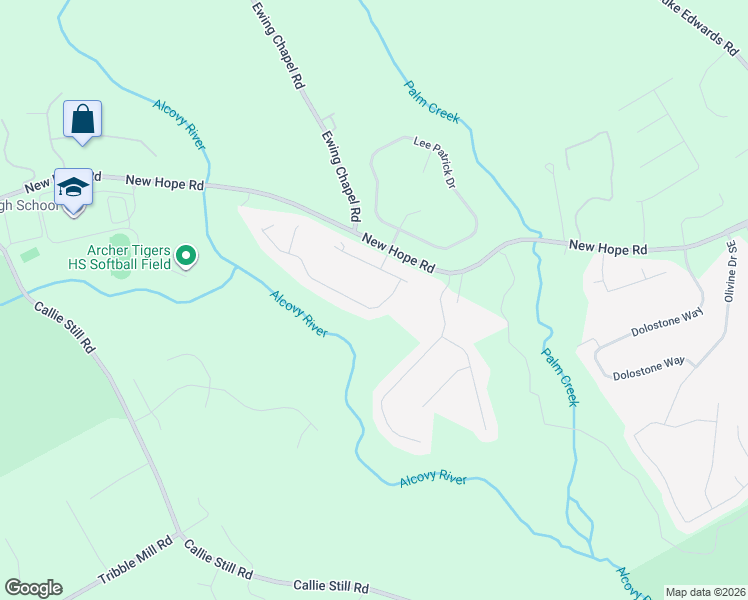 map of restaurants, bars, coffee shops, grocery stores, and more near 2560 River Run Drive in Dacula