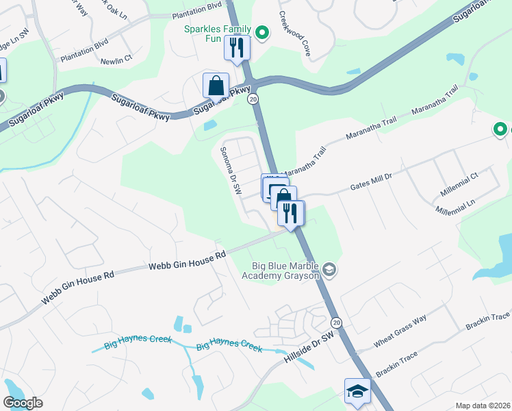map of restaurants, bars, coffee shops, grocery stores, and more near 721 Sonoma Drive Southwest in Lawrenceville