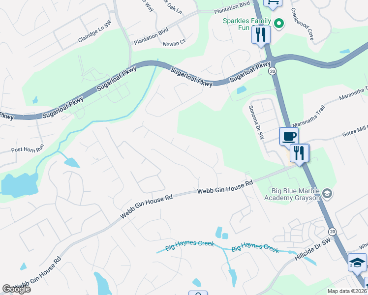 map of restaurants, bars, coffee shops, grocery stores, and more near 1260 Timbercrest Drive in Lawrenceville