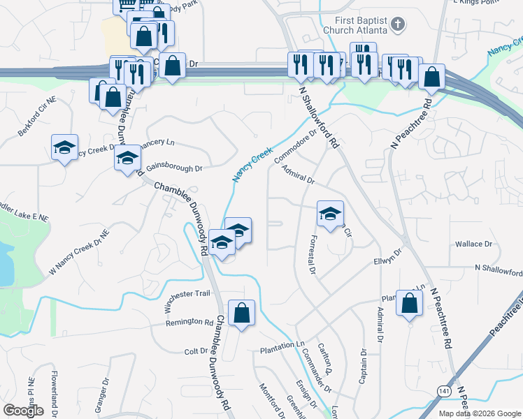 map of restaurants, bars, coffee shops, grocery stores, and more near 4084 Commodore Drive in Chamblee