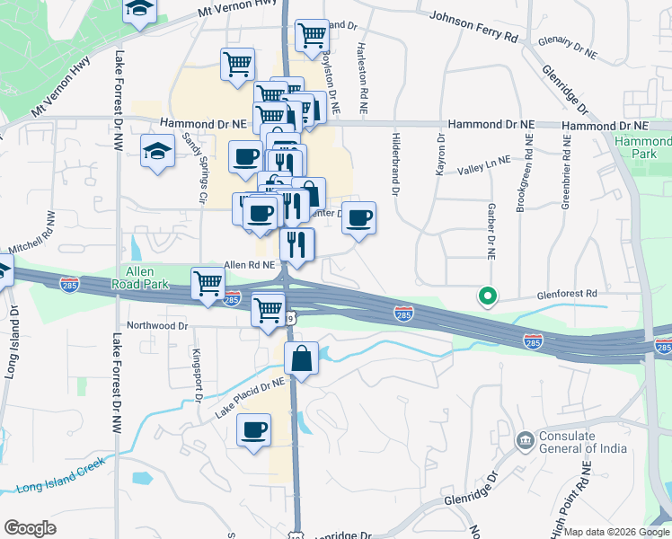 map of restaurants, bars, coffee shops, grocery stores, and more near 346 Carpenter Drive Northeast in Sandy Springs