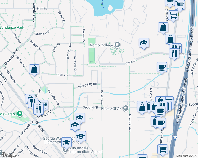 map of restaurants, bars, coffee shops, grocery stores, and more near 2171 Indian Horse Drive in Norco