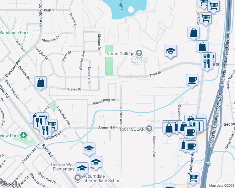 map of restaurants, bars, coffee shops, grocery stores, and more near 2171 Indian Horse Drive in Norco