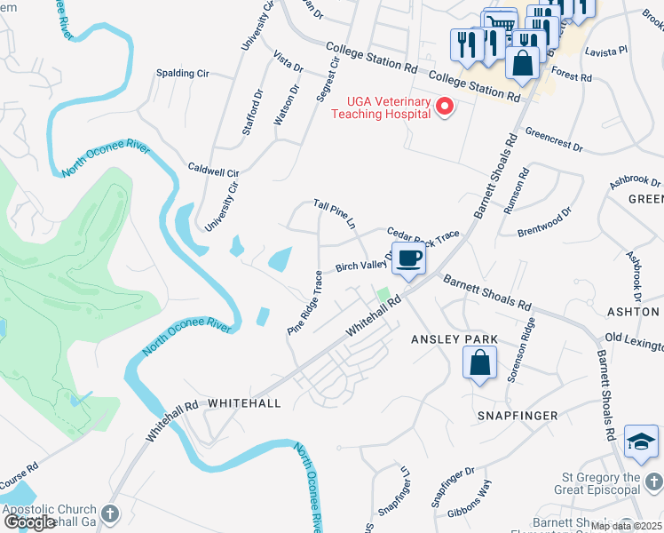 map of restaurants, bars, coffee shops, grocery stores, and more near 270 Birch Valley Drive in Athens