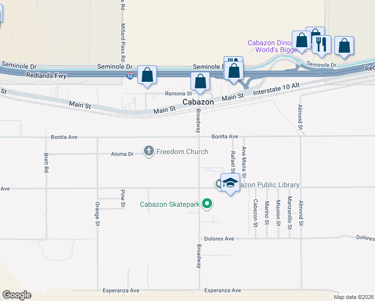 map of restaurants, bars, coffee shops, grocery stores, and more near 50316 Aloma Drive in Cabazon