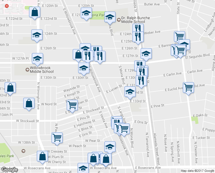 map of restaurants, bars, coffee shops, grocery stores, and more near 13115 South Largo Avenue in Compton