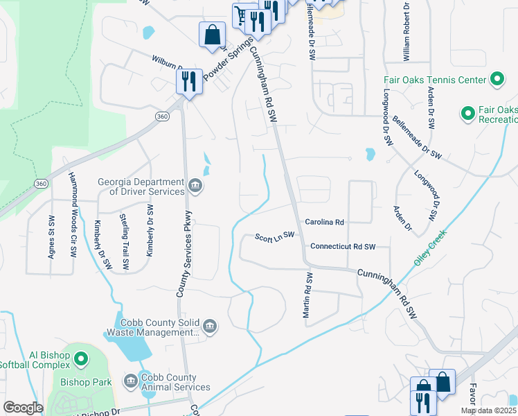 map of restaurants, bars, coffee shops, grocery stores, and more near 836 Pastel Drive Southwest in Marietta