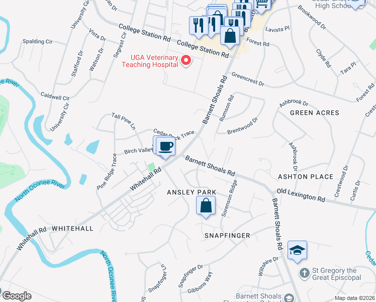 map of restaurants, bars, coffee shops, grocery stores, and more near 2818 South Barnett Shoals Road in Athens