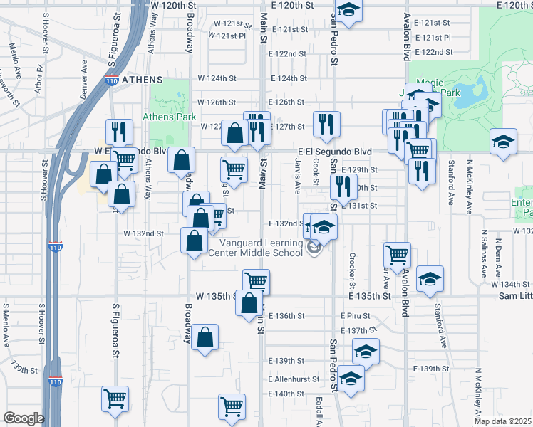map of restaurants, bars, coffee shops, grocery stores, and more near 13114 Main Street in Los Angeles