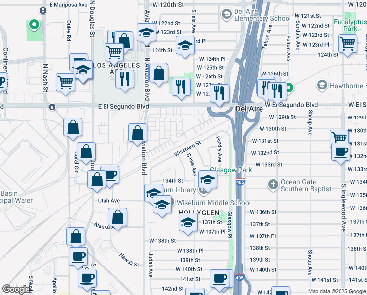 map of restaurants, bars, coffee shops, grocery stores, and more near 5421 Wiseburn Street in Hawthorne
