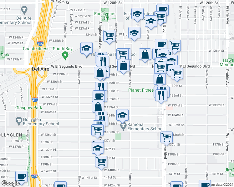 map of restaurants, bars, coffee shops, grocery stores, and more near 4688 West 131st Street in Hawthorne