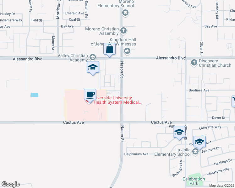 map of restaurants, bars, coffee shops, grocery stores, and more near 14265 Nason Street in Moreno Valley