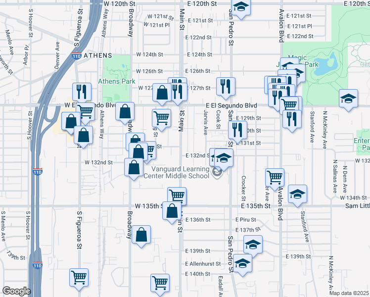map of restaurants, bars, coffee shops, grocery stores, and more near 13114 Main Street in Los Angeles