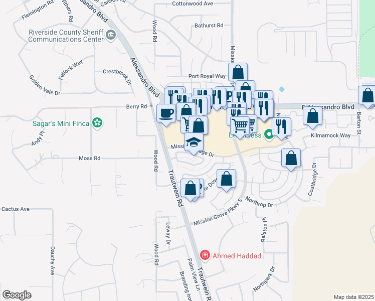 map of restaurants, bars, coffee shops, grocery stores, and more near 19141 Pemberton Place in Riverside