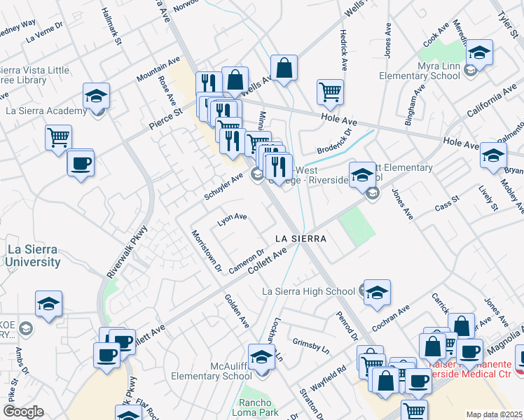 map of restaurants, bars, coffee shops, grocery stores, and more near 4464 Clarksdale Drive in Riverside