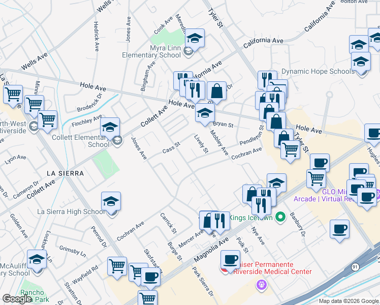 map of restaurants, bars, coffee shops, grocery stores, and more near 4070 Rupley Place in Riverside