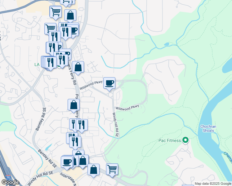 map of restaurants, bars, coffee shops, grocery stores, and more near 1569 Aldworth Place Southeast in Marietta