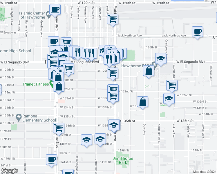 map of restaurants, bars, coffee shops, grocery stores, and more near 4035 West 132nd Street in Hawthorne