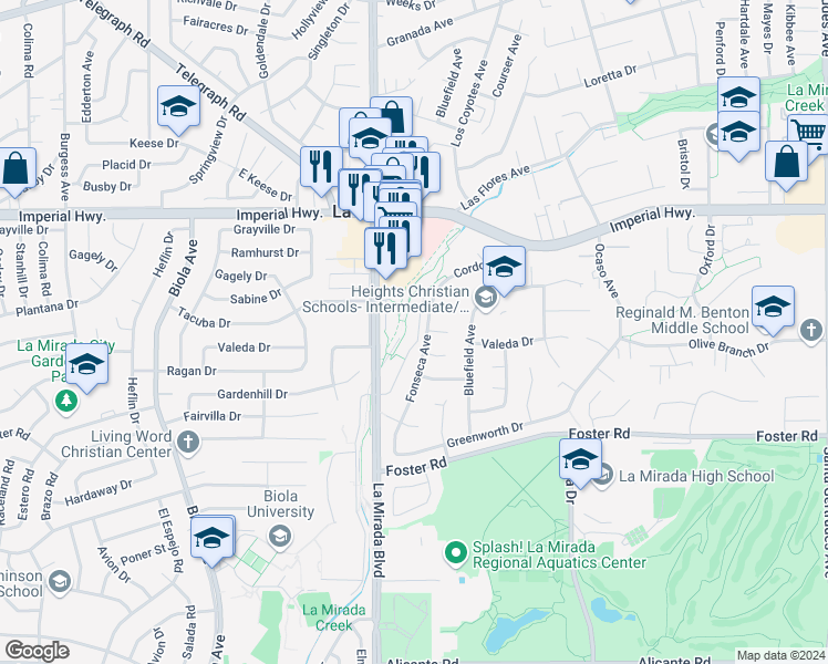 map of restaurants, bars, coffee shops, grocery stores, and more near 12931 Oakwood Lane in La Mirada
