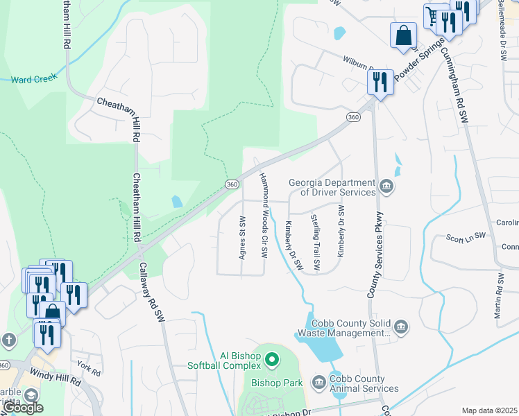 map of restaurants, bars, coffee shops, grocery stores, and more near 1237 Samuel Street Southwest in Marietta