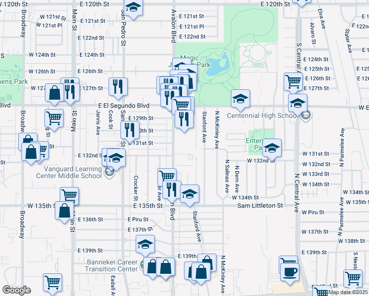 map of restaurants, bars, coffee shops, grocery stores, and more near 13110 Avalon Blvd in Los Angeles