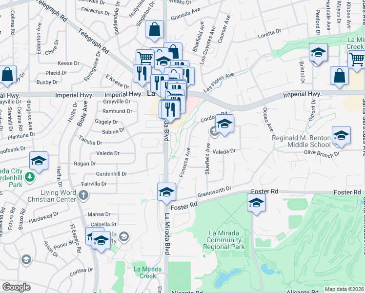 map of restaurants, bars, coffee shops, grocery stores, and more near 12931 Oakwood Lane in La Mirada