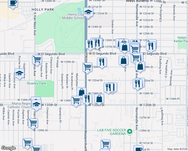 map of restaurants, bars, coffee shops, grocery stores, and more near 1715 West 132nd Street in Gardena
