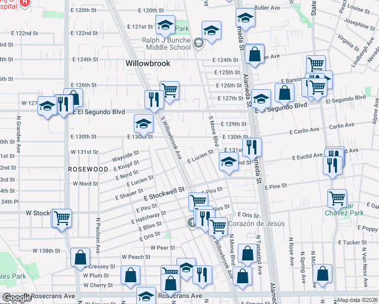 map of restaurants, bars, coffee shops, grocery stores, and more near 13115 South Largo Avenue in Compton