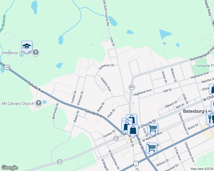 map of restaurants, bars, coffee shops, grocery stores, and more near 323 Adams Avenue in Batesburg-Leesville